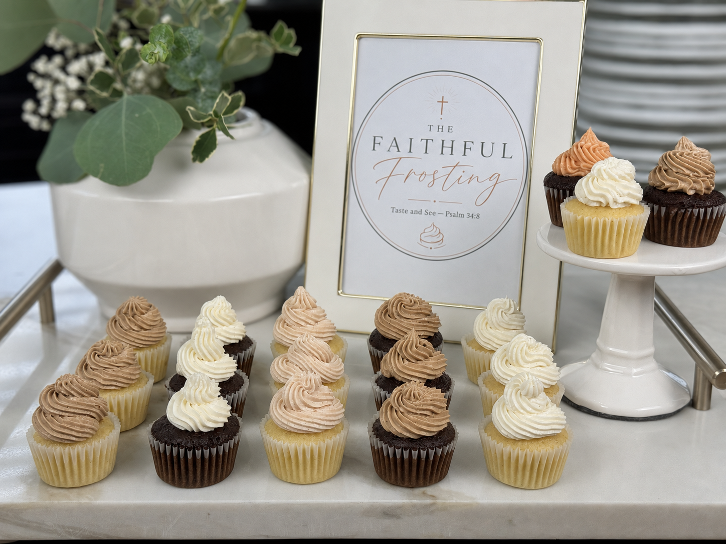 Mini sourdough cupcakes in assorted frosting flavors